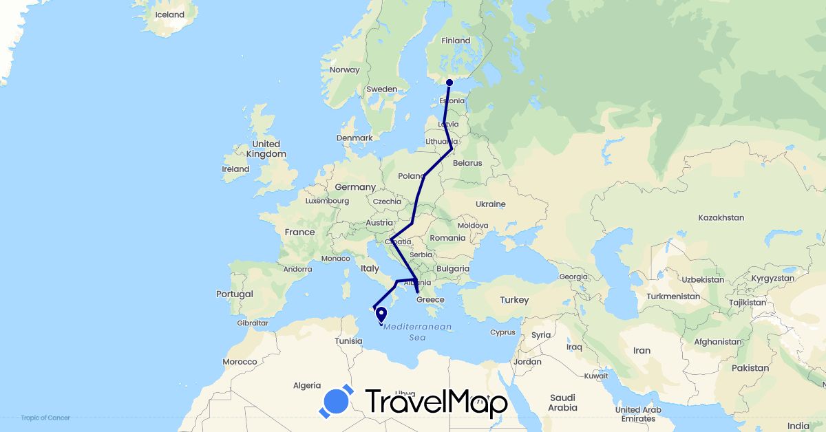 TravelMap itinerary: driving in Albania, Estonia, Finland, Greece, Croatia, Hungary, Italy, Lithuania, Latvia, Malta, Poland (Europe)